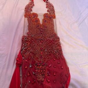 Elegant Red Embellished Halter Dress